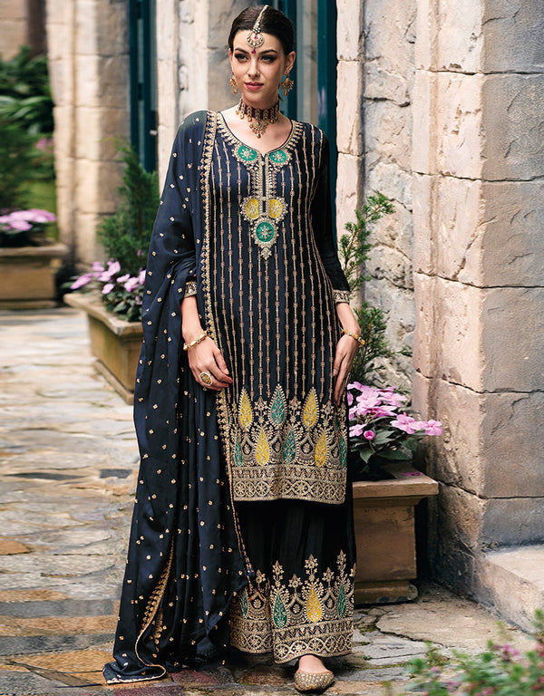 Designer Party Wear Chinon Silk Salwar Suit Collection Blue Chinon Silk Palazzo Straight Front View