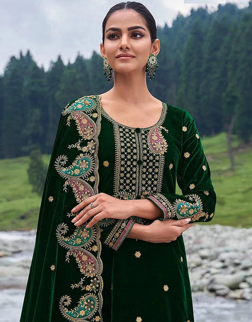 Designer Party Wear Velvet Salwar Suit Collection Green Velvet Pant Straight Close-up View