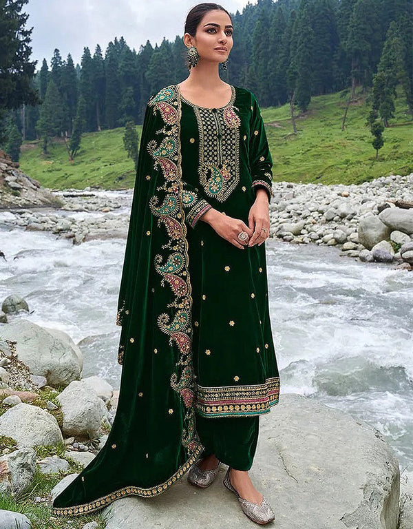 Designer Party Wear Velvet Salwar Suit Collection Green Velvet Pant Straight Front View