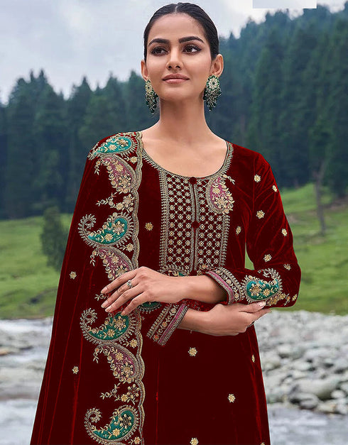 Designer Party Wear Velvet Salwar Suit Collection Maroon Velvet Pant Straight Close-up View