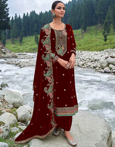 Designer Party Wear Velvet Salwar Suit Collection Maroon Velvet Pant Straight Front View