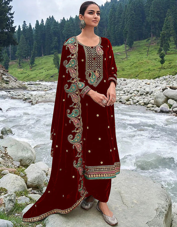 Designer Party Wear Velvet Salwar Suit Collection Maroon Velvet Pant Straight Front View