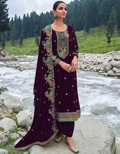 Designer Party Wear Velvet Salwar Suit Collection Purple Velvet Pant Straight Front View