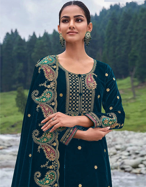 Designer Party Wear Velvet Salwar Suit Collection Aqua Blue Velvet Pant Straight Close-up View