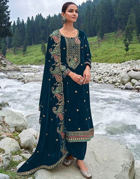 Designer Party Wear Velvet Salwar Suit Collection Aqua Blue Velvet Pant Straight Front View