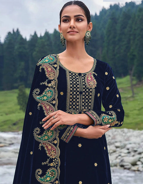 Designer Party Wear Velvet Salwar Suit Collection Blue Velvet Pant Straight Close-up View