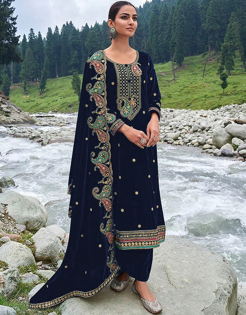 Designer Party Wear Velvet Salwar Suit Collection Blue Velvet Pant Straight Front View