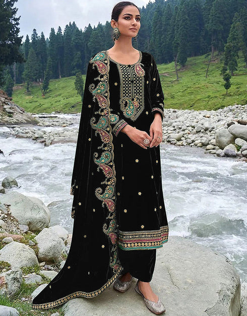 Designer Party Wear Velvet Salwar Suit Collection Black Velvet Pant Straight Front View