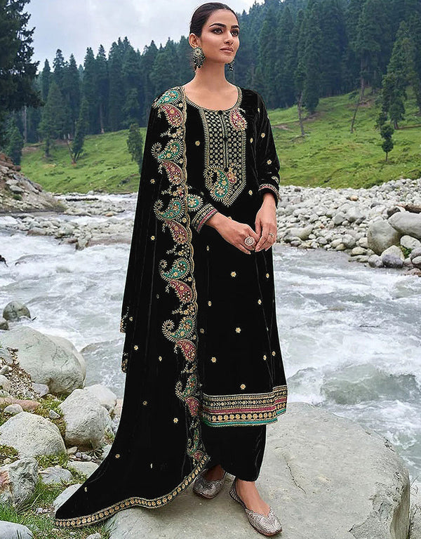 Designer Party Wear Velvet Salwar Suit Collection Black Velvet Pant Straight Front View