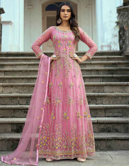 Traditional Function Wear Heavy Butterfly Net Salwar Suit Pink Heavy Butterfly Net Pant Anarkali Front View