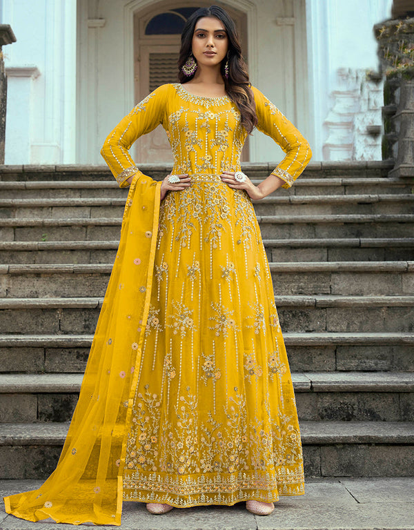 Traditional Function Wear Heavy Butterfly Net Salwar Suit Yellow Heavy Butterfly Net Pant Anarkali Front View