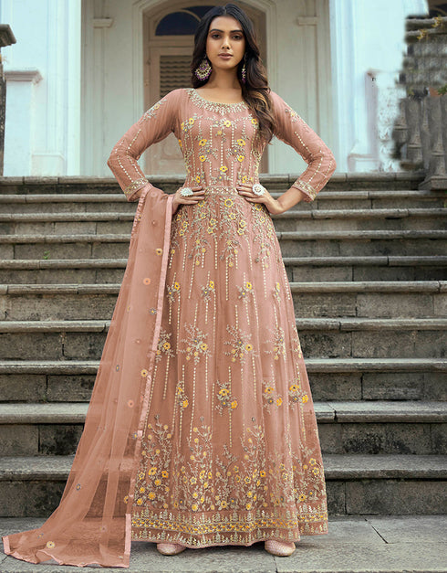 Traditional Function Wear Heavy Butterfly Net Salwar Suit Peach Heavy Butterfly Net Pant Anarkali Front View