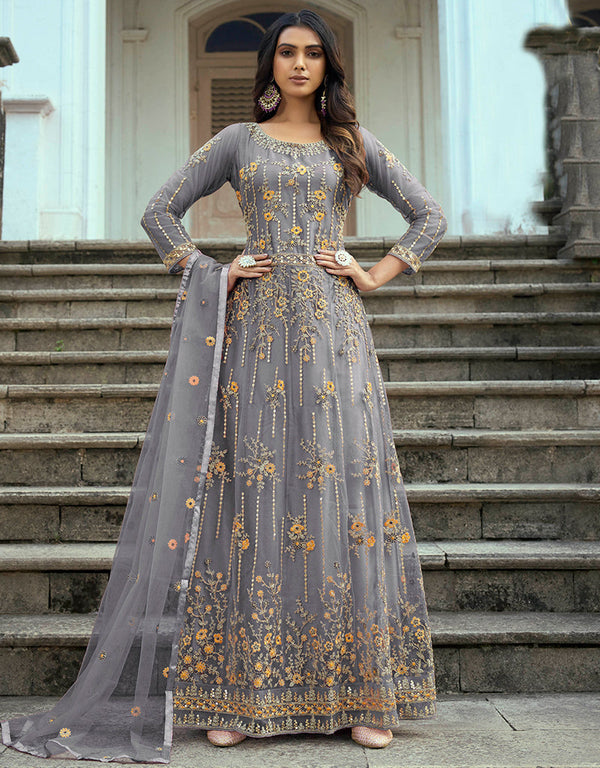 Traditional Function Wear Heavy Butterfly Net Salwar Suit Grey Heavy Butterfly Net Pant Anarkali Front View