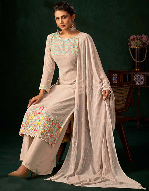 Traditional Function Wear Heavy Salwar Suit Collection Beige Pure Viscos Bemberg Gorgette Palazzo Straight Close-up View