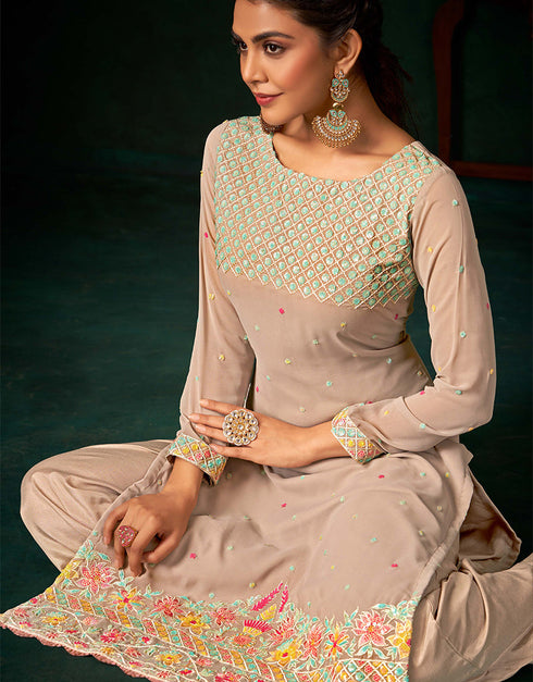 Traditional Function Wear Heavy Salwar Suit Collection Beige Pure Viscos Bemberg Gorgette Palazzo Straight Back View