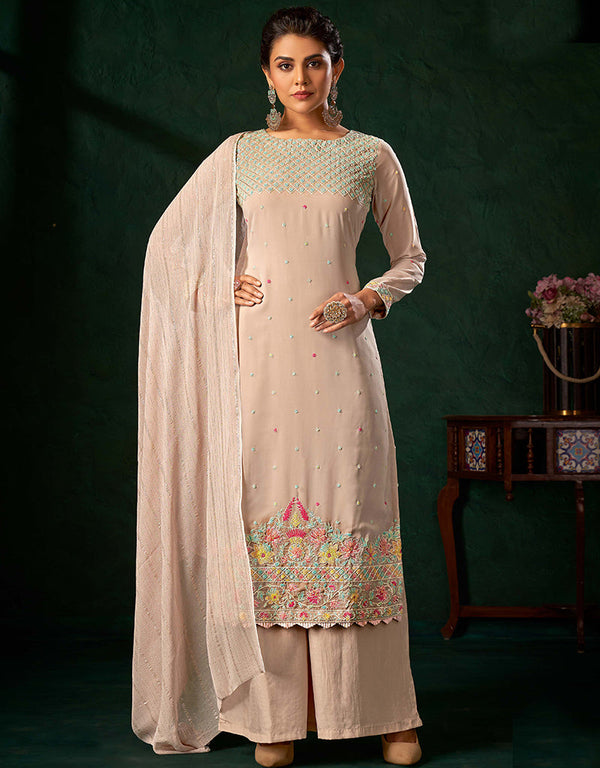 Traditional Function Wear Heavy Salwar Suit Collection Beige Pure Viscos Bemberg Gorgette Palazzo Straight Front View