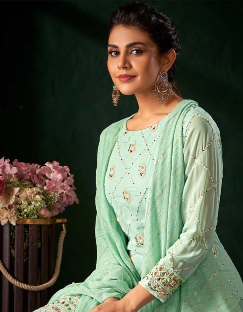 Traditional Function Wear Heavy Salwar Suit Collection Sky Pure Viscos Bemberg Gorgette Palazzo Straight Back View