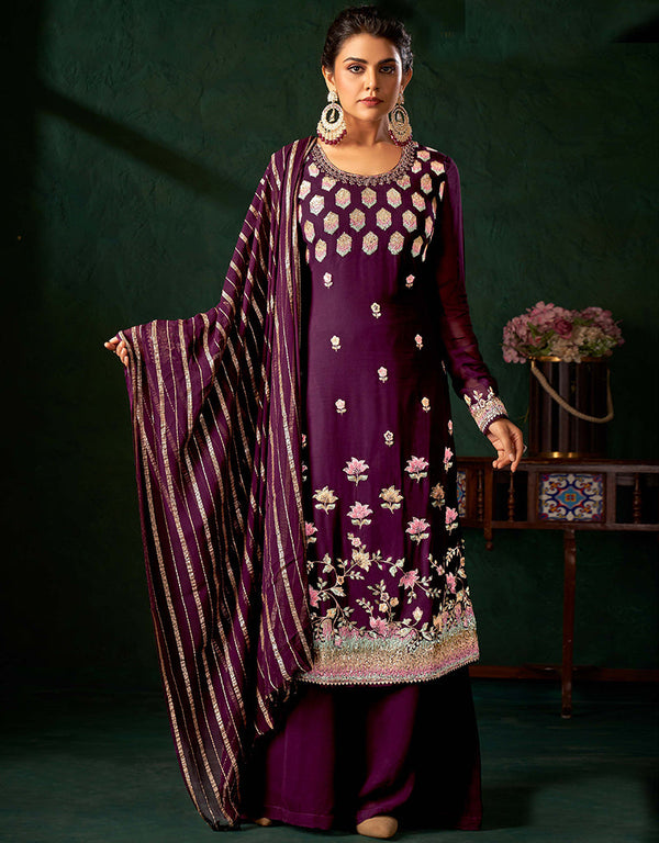 Traditional Function Wear Heavy Salwar Suit Collection Purple Pure Viscos Bemberg Gorgette Palazzo Straight Front View