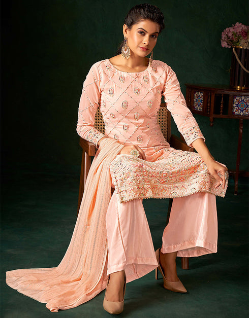 Traditional Function Wear Heavy Salwar Suit Collection Peach Pure Viscos Bemberg Gorgette Palazzo Straight Close-up View