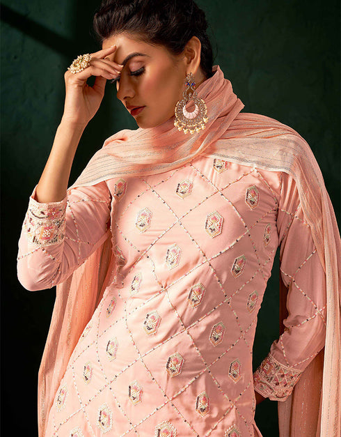 Traditional Function Wear Heavy Salwar Suit Collection Peach Pure Viscos Bemberg Gorgette Palazzo Straight Back View
