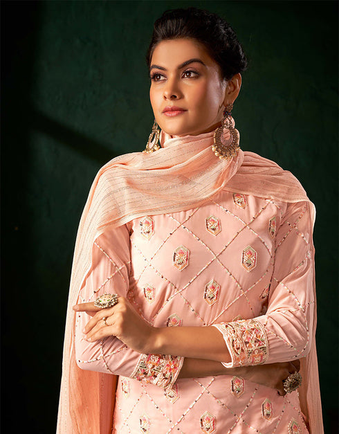 Traditional Function Wear Heavy Salwar Suit Collection Peach Pure Viscos Bemberg Gorgette Palazzo Straight Front View