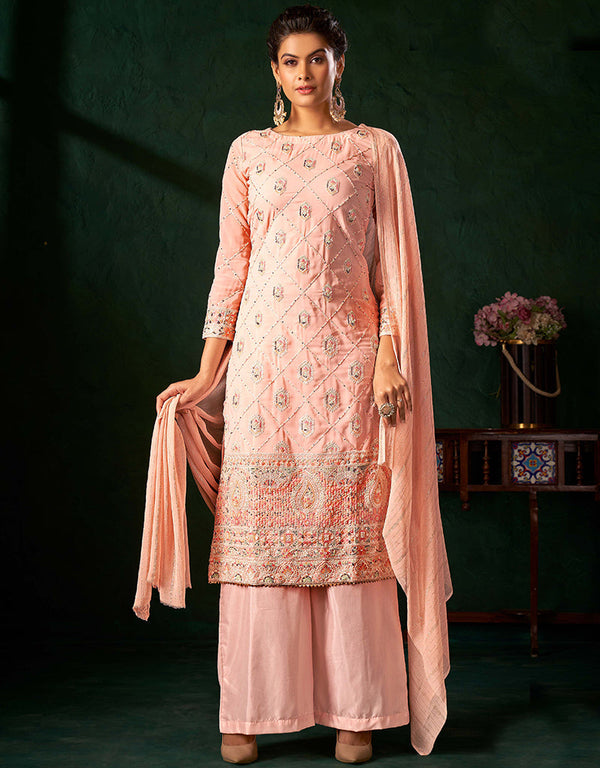 Traditional Function Wear Heavy Salwar Suit Collection Peach Pure Viscos Bemberg Gorgette Palazzo Straight Front View