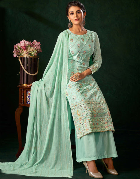 Traditional Function Wear Heavy Salwar Suit Collection Mint Green Pure Viscos Bemberg Gorgette Palazzo Straight Close-up View