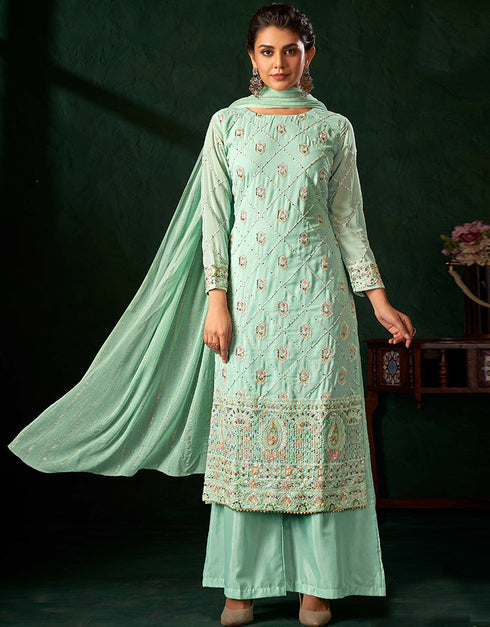 Traditional Function Wear Heavy Salwar Suit Collection Mint Green Pure Viscos Bemberg Gorgette Palazzo Straight Front View