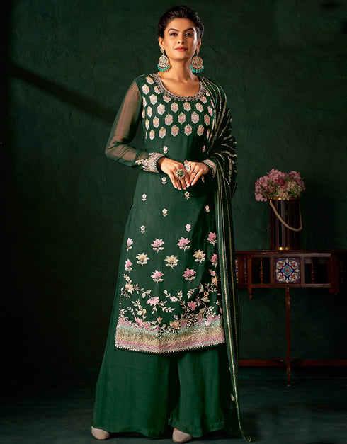 Traditional Function Wear Heavy Salwar Suit Collection Green Pure Viscos Bemberg Gorgette Palazzo Straight Front View