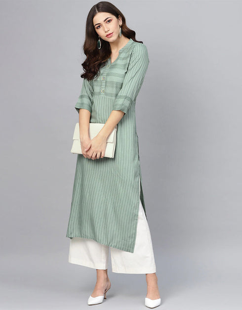 Traditional Function Wear Heavy Rayon Readymade Kurti With Bottom Collection Sea Green Rayon Palazzo Straight Close-up View