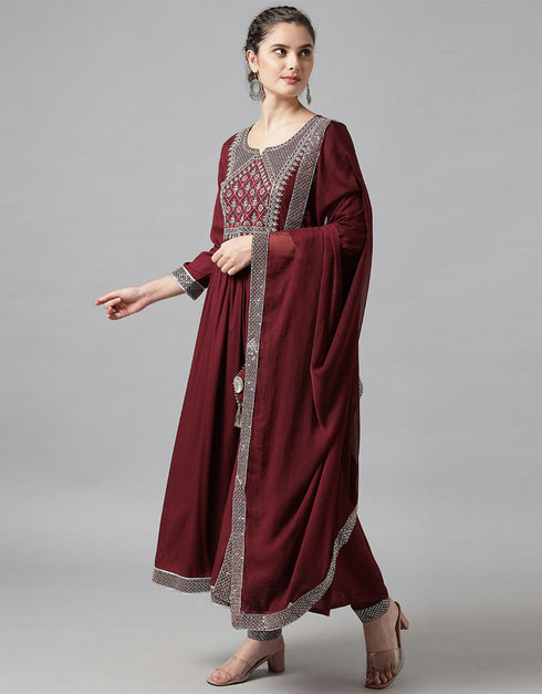 Traditional Function Wear Heavy Rayon Readymade Salwar Suit Collection Maroon Rayon Pant Straight Close-up View