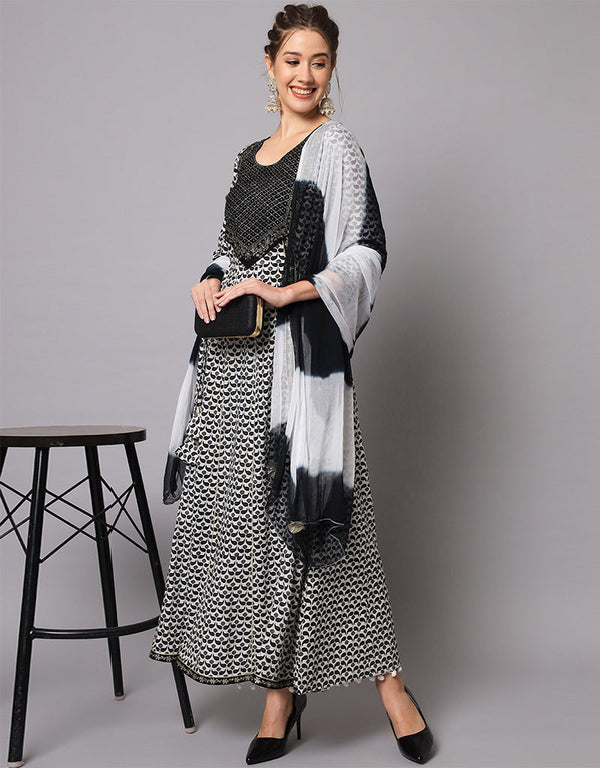 Traditional Function Wear Heavy Rayon Readymade Salwar Suit Collection Black And White Rayon Pant Straight Front View