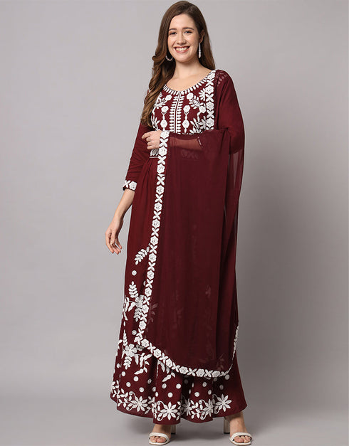 Traditional Function Wear Heavy Rayon Readymade Salwar Suit Collection Wine Rayon Pant Straight Close-up View