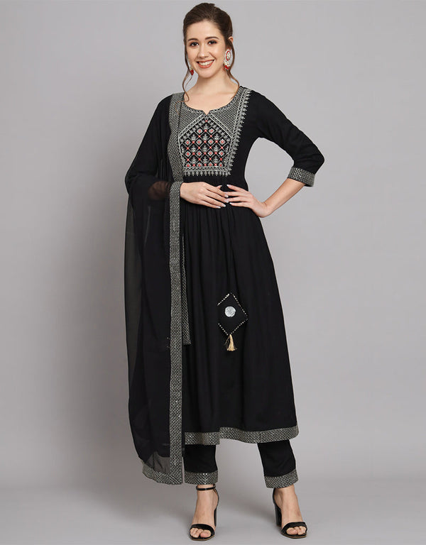 Traditional Function Wear Heavy Rayon Readymade Salwar Suit Collection Black Rayon Pant Straight Front View