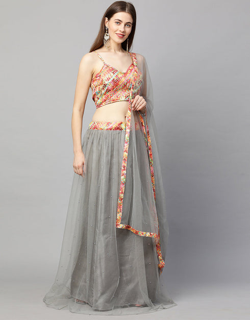 Designer Wedding Wear Heavy Net Lehenga Choli Collection Grey Net Lehenga Choli Back View