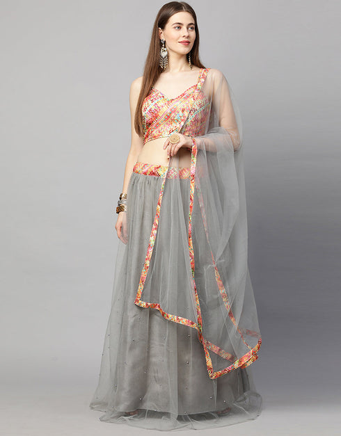Designer Wedding Wear Heavy Net Lehenga Choli Collection Grey Net Lehenga Choli Front View