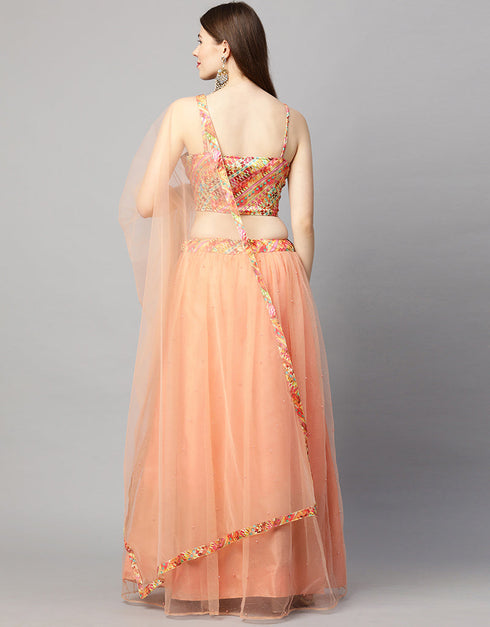 Designer Wedding Wear Heavy Net Lehenga Choli Collection Peach Net Lehenga Choli Close-up View