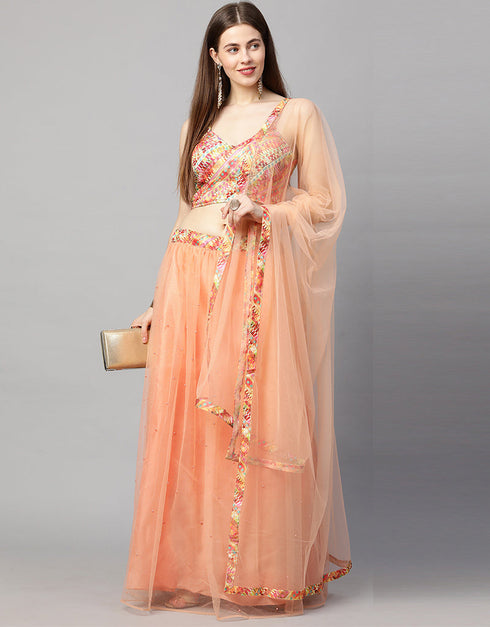Designer Wedding Wear Heavy Net Lehenga Choli Collection Peach Net Lehenga Choli Back View