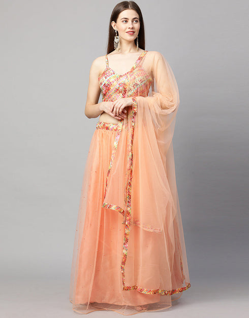 Designer Wedding Wear Heavy Net Lehenga Choli Collection Peach Net Lehenga Choli Front View