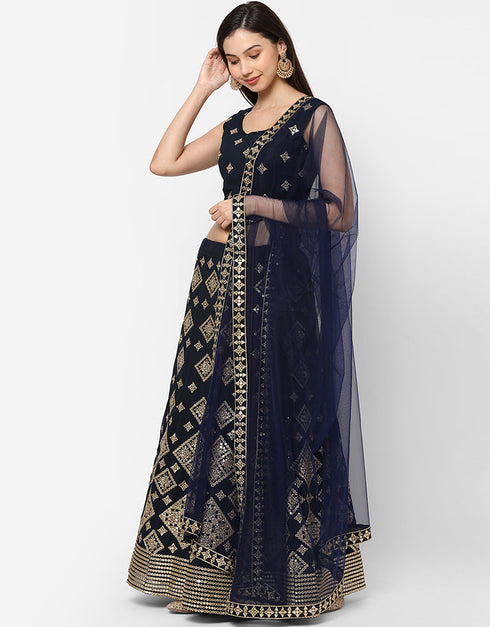 Designer Wedding Wear Heavy Georgette Lehenga Choli Collection Navy Blue Georgette Lehenga Choli Back View