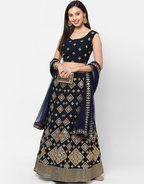 Designer Wedding Wear Heavy Georgette Lehenga Choli Collection Navy Blue Georgette Lehenga Choli Front View