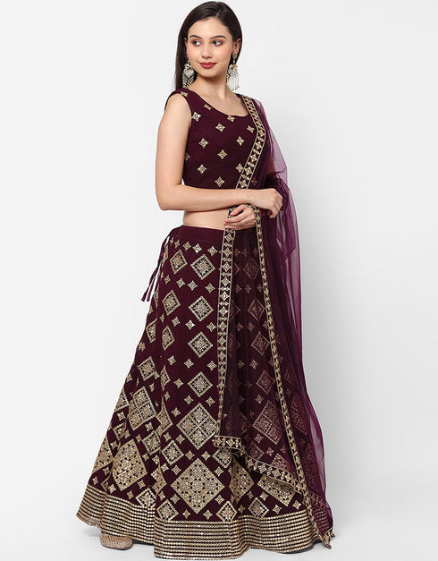 Designer Wedding Wear Heavy Georgette Lehenga Choli Collection Wine Georgette Lehenga Choli Back View