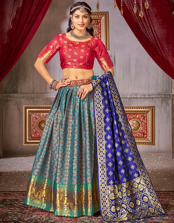 Traditional Function Wear Heavy Jacquard Silk Lehenga Choli Collection Pink Fancy Jaquard Silk Lehenga Choli Front View