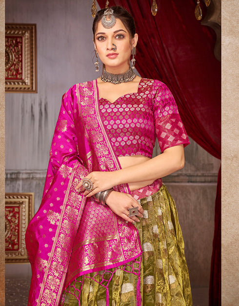 Traditional Function Wear Heavy Jacquard Silk Lehenga Choli Collection Pink Fancy Jaquard Silk Lehenga Choli Close-up View