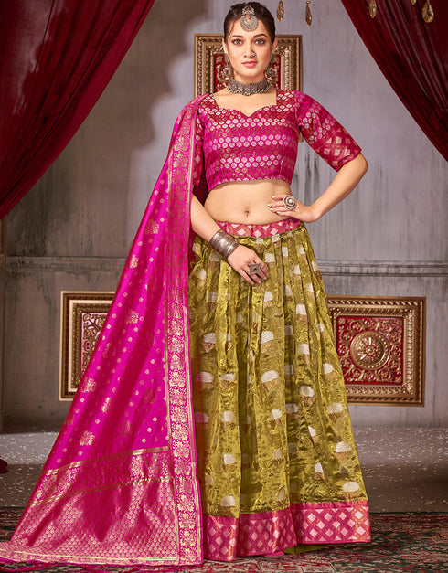 Traditional Function Wear Heavy Jacquard Silk Lehenga Choli Collection Pink Fancy Jaquard Silk Lehenga Choli Front View