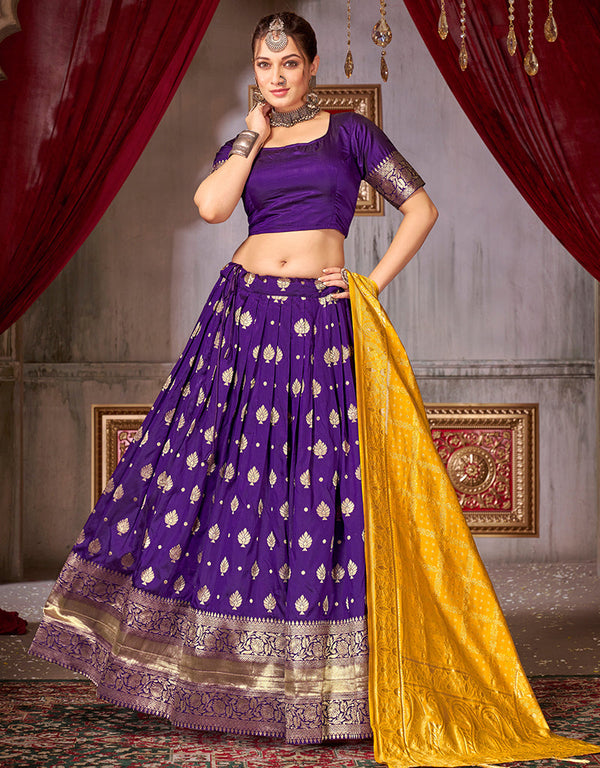 Traditional Function Wear Heavy Jacquard Silk Lehenga Choli Collection Purple Fancy Jaquard Silk Lehenga Choli Front View