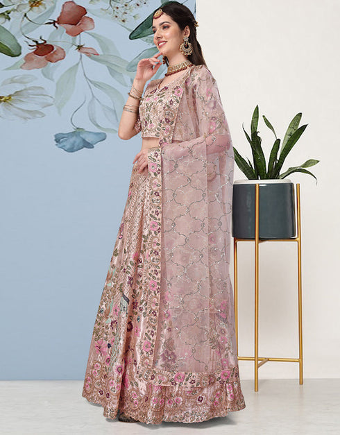 Traditional Function Wear Heavy Jacquard Silk Lehenga Choli Collection Pink Japan Satin Silk Lehenga Choli Close-up View