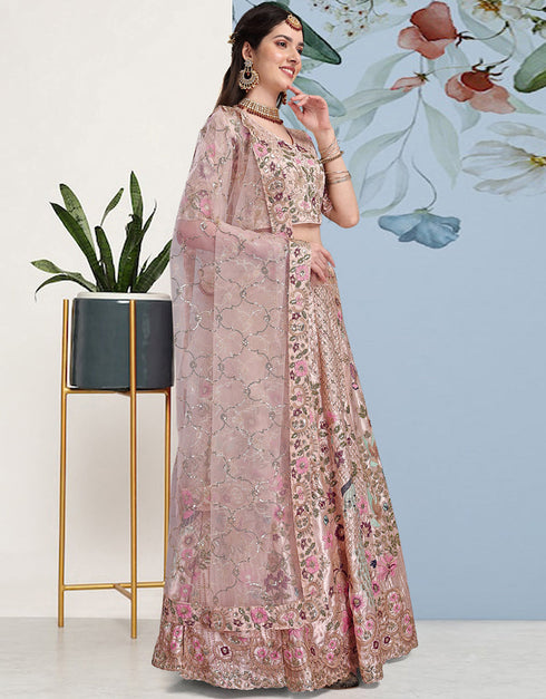 Traditional Function Wear Heavy Jacquard Silk Lehenga Choli Collection Pink Japan Satin Silk Lehenga Choli Back View