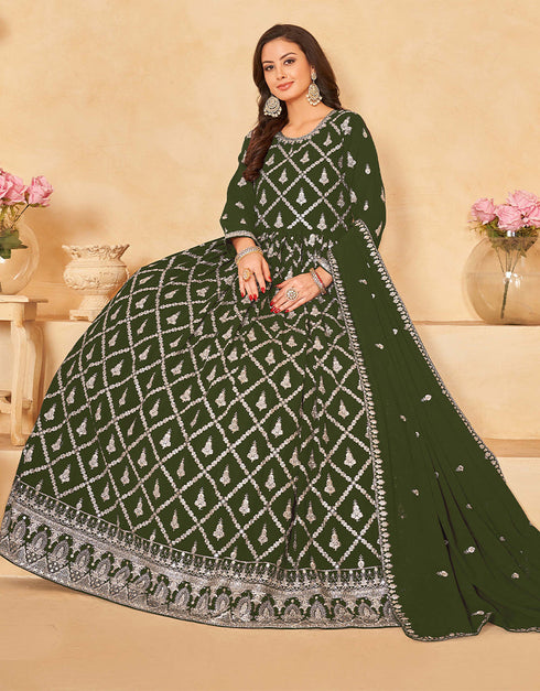 Traditional Function Wear Heavy Faux Georgette Salwar Suit Collection Mehndi Faux Georgette Pant Anarkali Close-up View