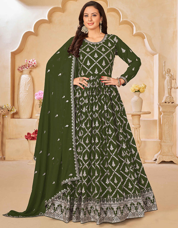 Traditional Function Wear Heavy Faux Georgette Salwar Suit Collection Mehndi Faux Georgette Pant Anarkali Front View